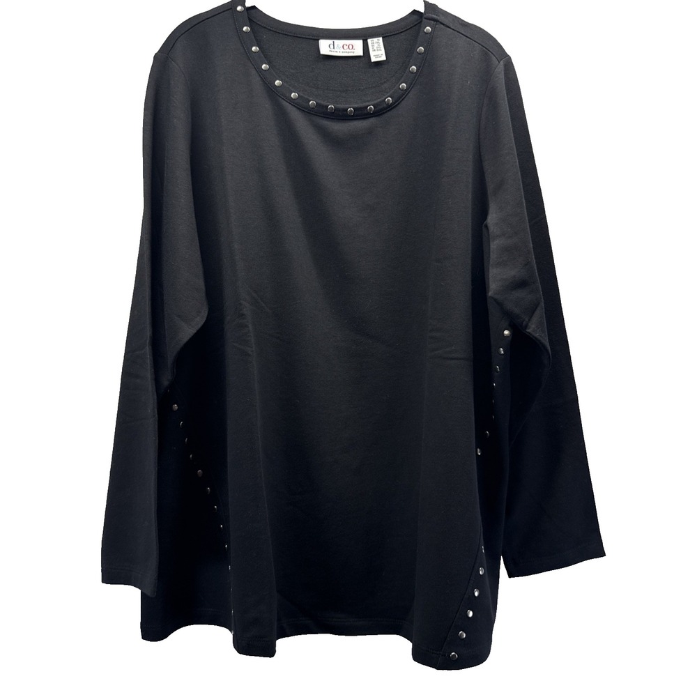 Denim & Co Women's Top Size 1X Plus Solid Black Metal Rivets Long Sleeve Cotton